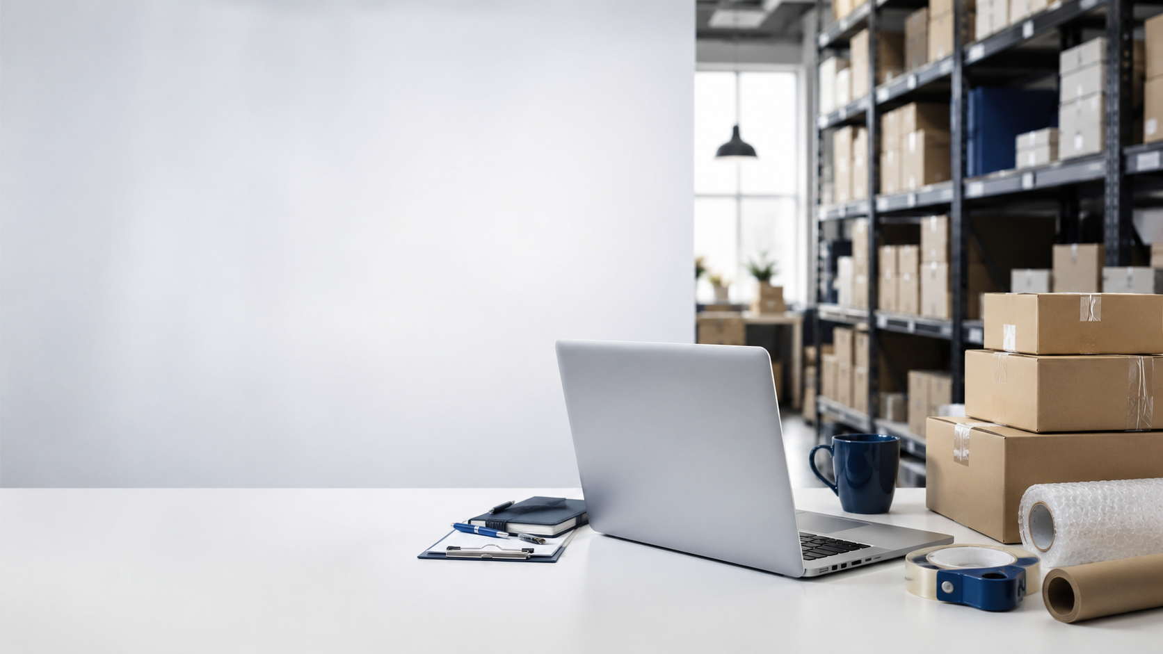 Organized online retail workspace with shipping boxes and inventory